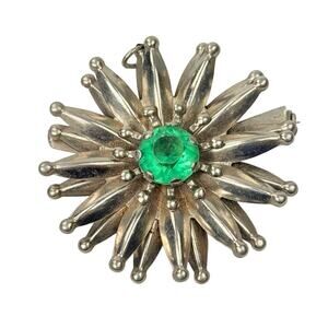 Vintage Silver Toned Starburst Flower Pendant or Brooch Pin Green Rhinestone